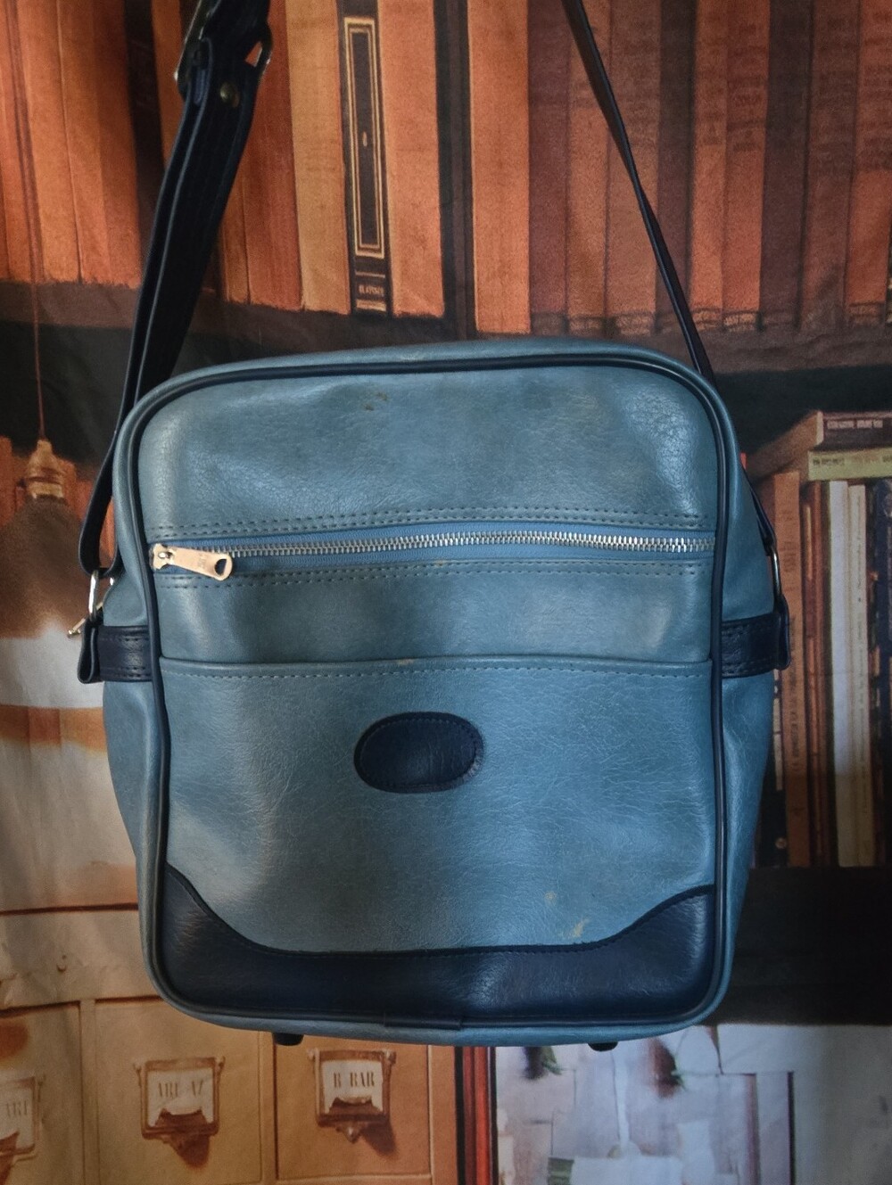 Classic Men's Leather Messenger Bag in Teal and Black